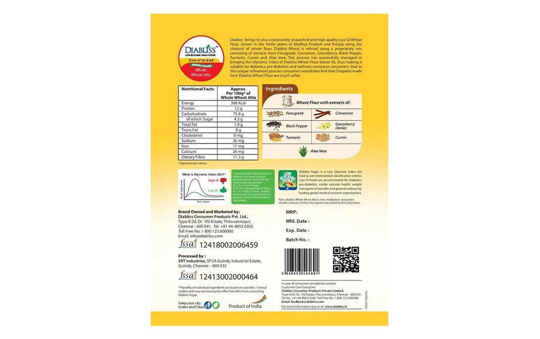 Diabliss Diabetic Friendly Whole Wheat Atta   Box  1 kilogram